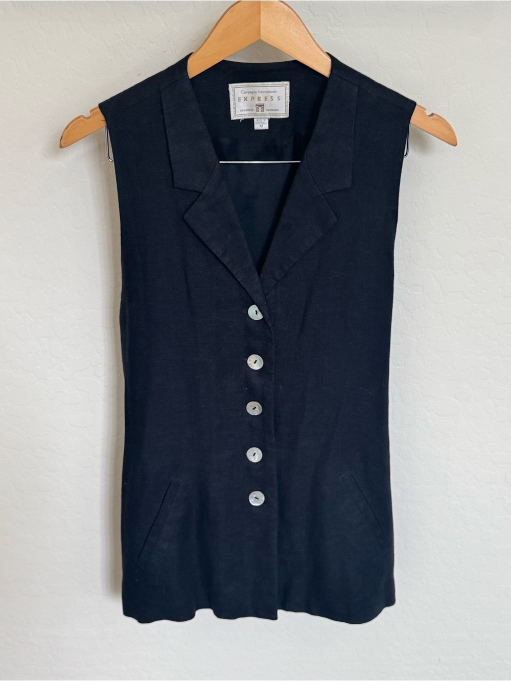 Vintage 90s Express Compagnie Internationale Black Linen Blend Long Vest Medium